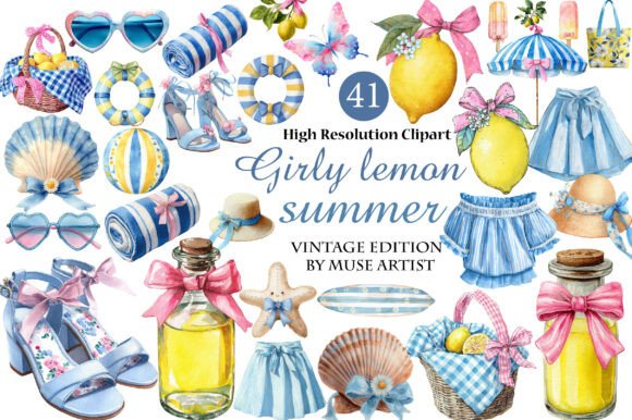 girly lemon summer clipart with fresh citrus elements, bright yellow aesthetic png graphics