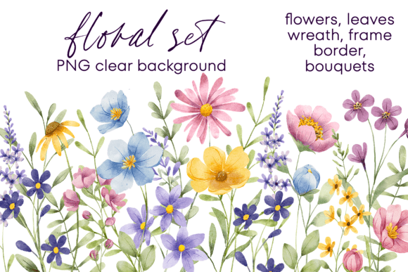 Floral Watercolor Set, Flowers, Leaves.