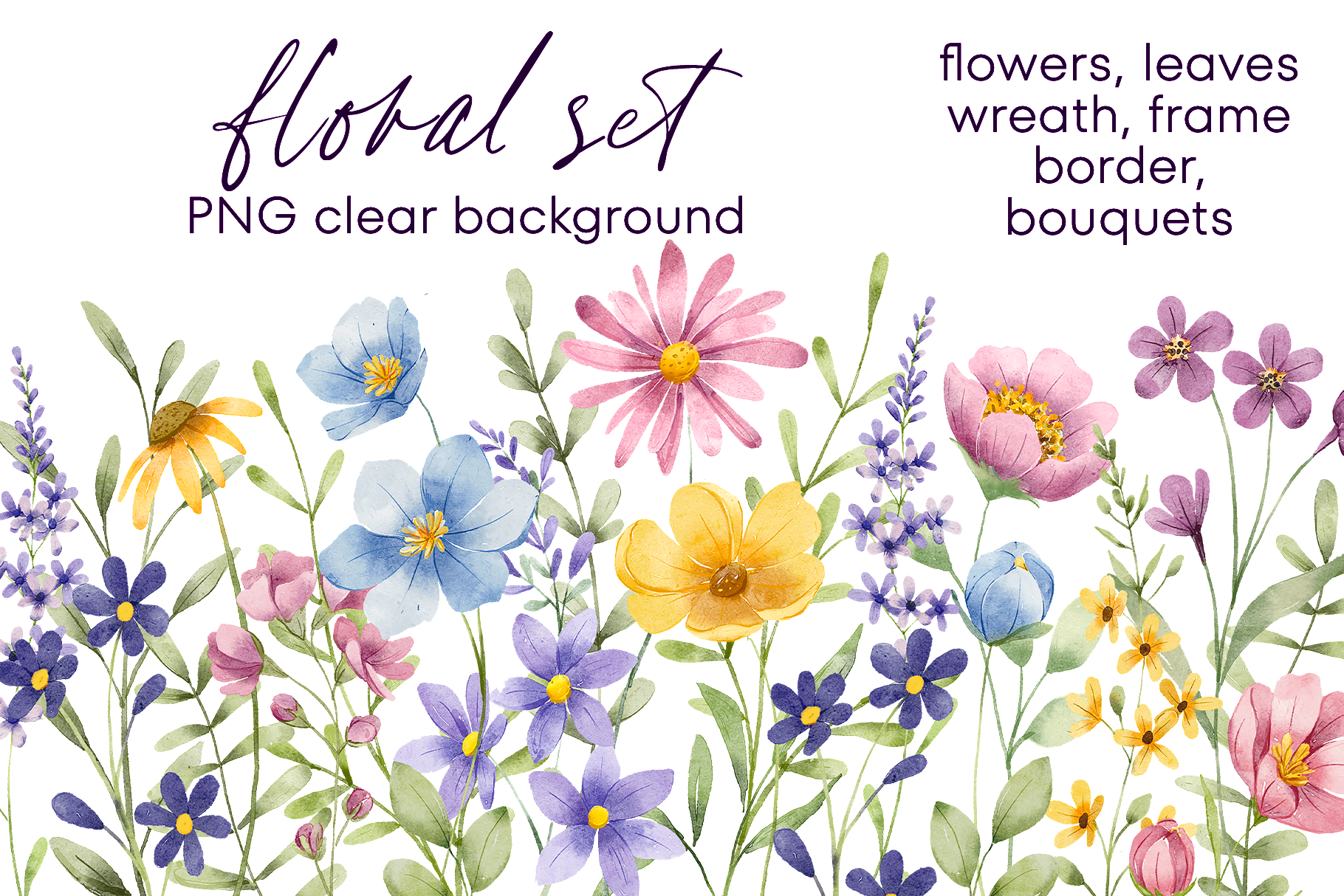 Floral Watercolor Set, Flowers, Leaves.
