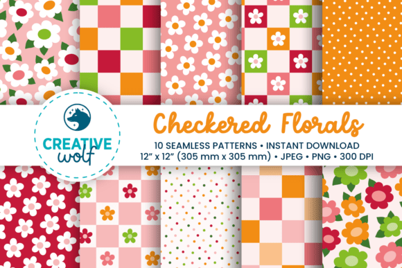 Checkered Florals Seamless Patterns Grafica Motivi di Carta Di Creative Wolf Design
