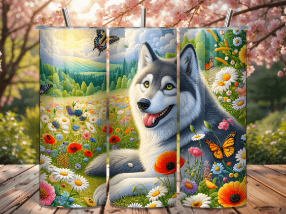 Floral Husky Dog 20oz tumbler wrap PNG for sublimation with botanical elements