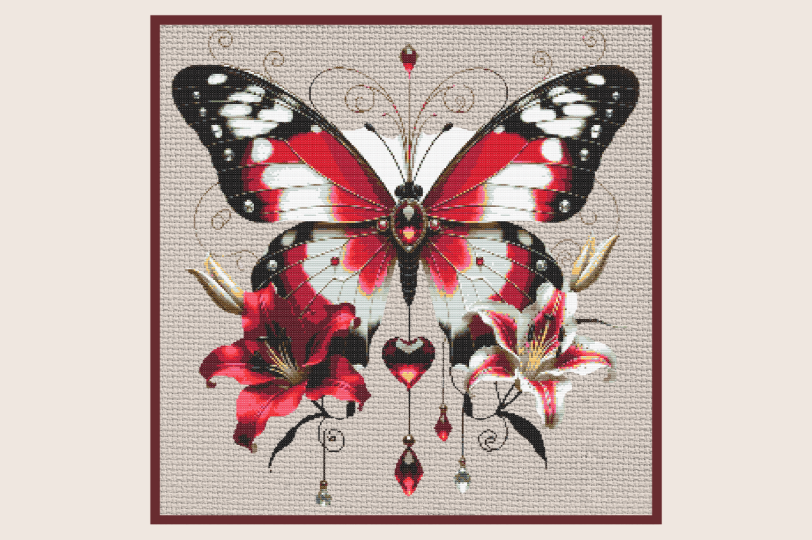 Elegant Red & Black Butterfly with Flora