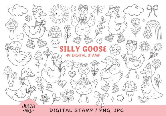Silly Goose Coloring Page, Digital Stamp