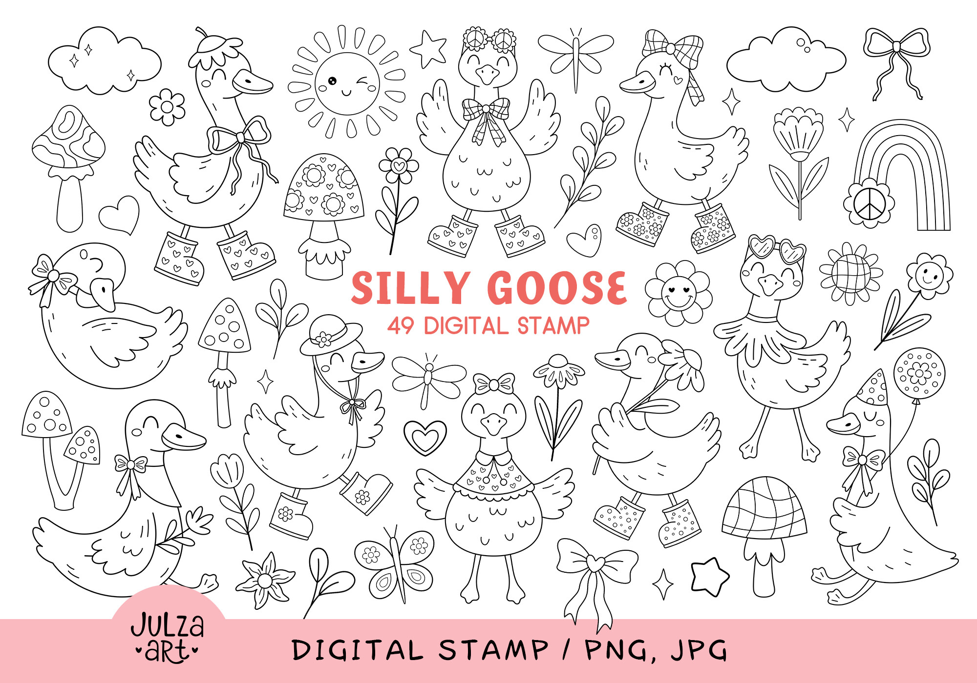 Silly Goose Coloring Page, Digital Stamp