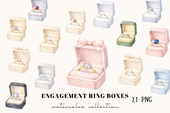 Watercolor Engagement Ring Boxes Clipart Grafik Druckbare Illustrationen Von Aneta Design 