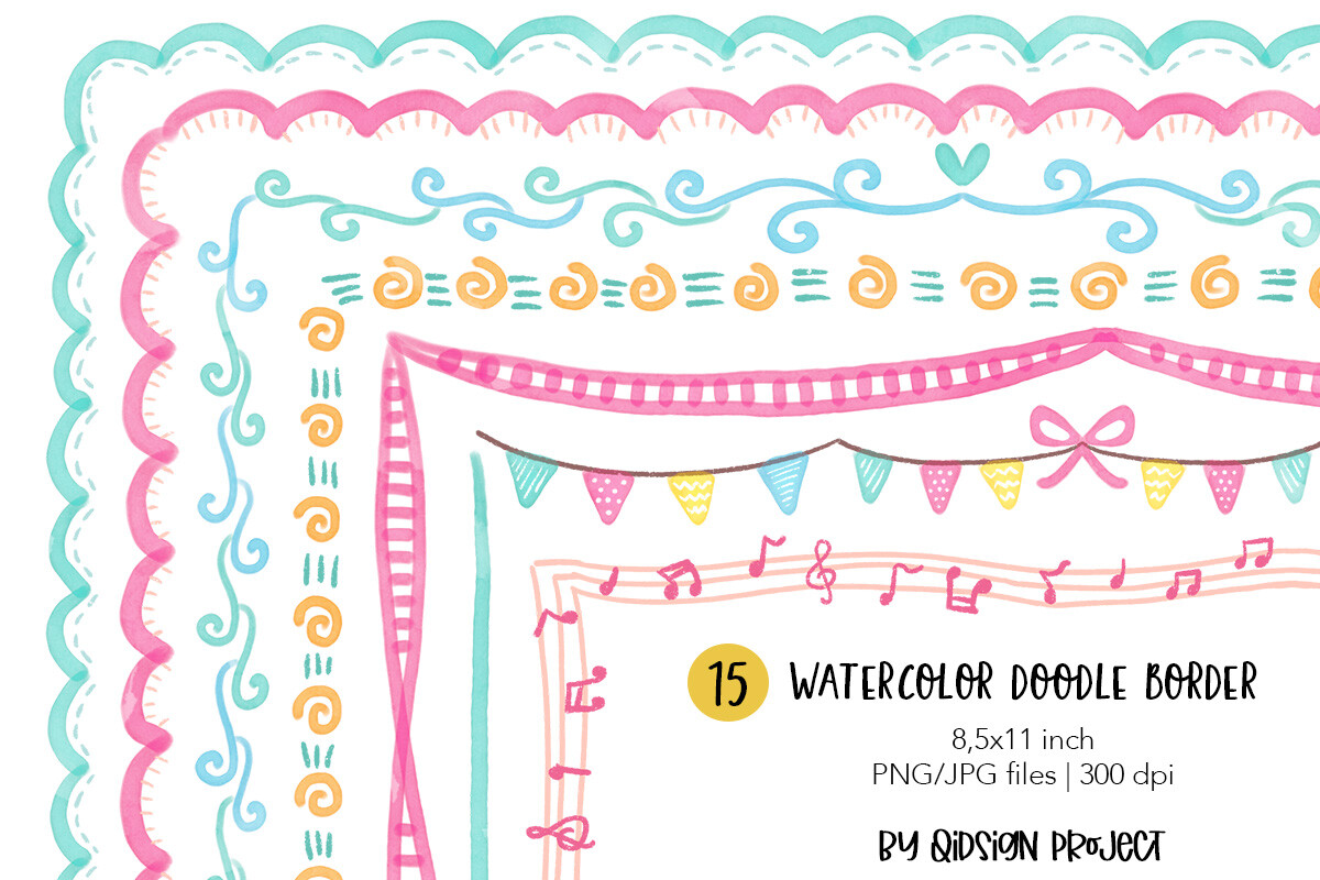 15 Watercolor Doodle Border PNG JPG – Cu