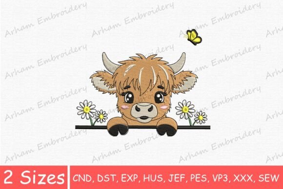 Peeking Highland Cow with Daisies