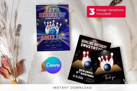 Canva Bowling Birthday Invitation Party