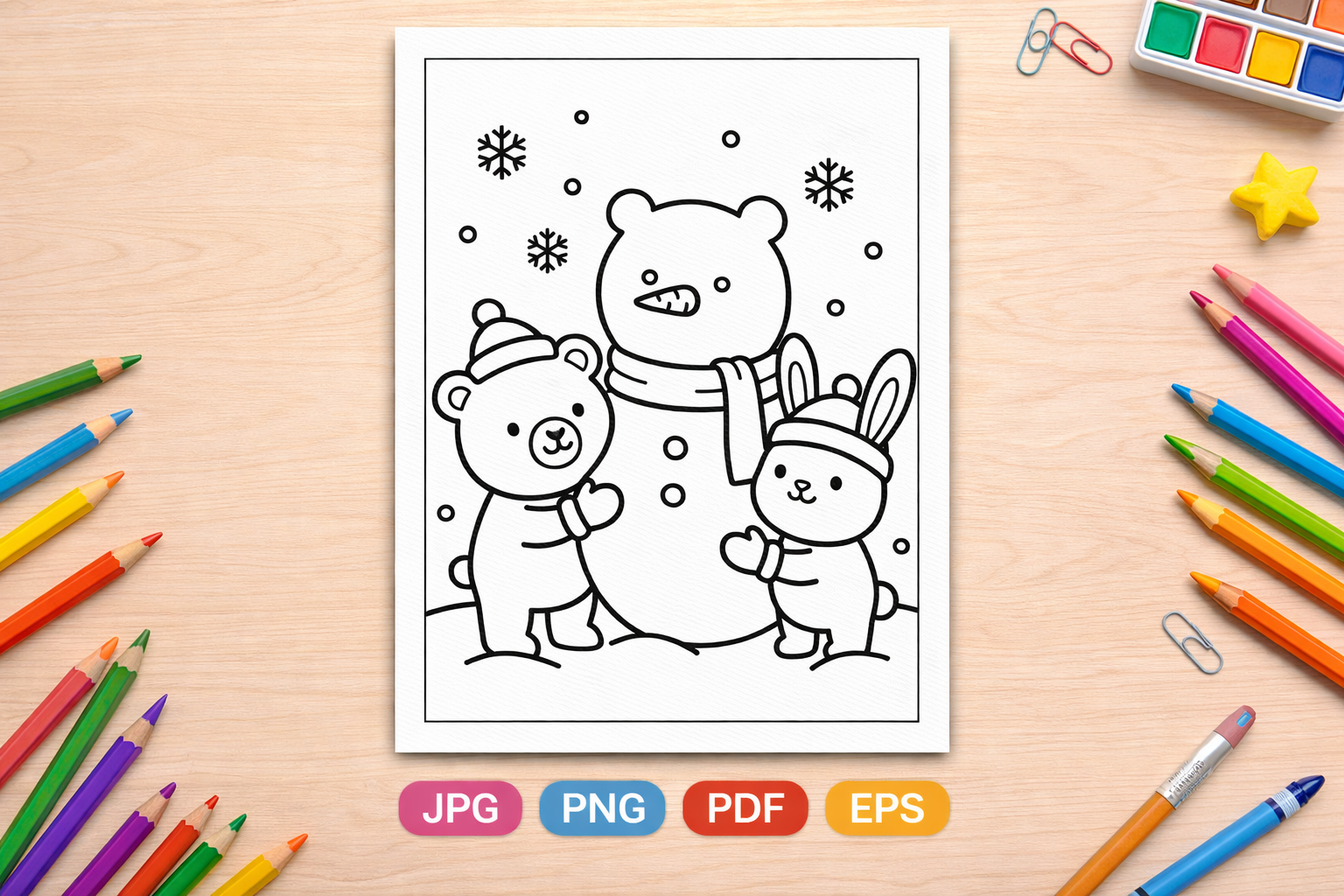 Cute Bear and Bunny Making Snowman