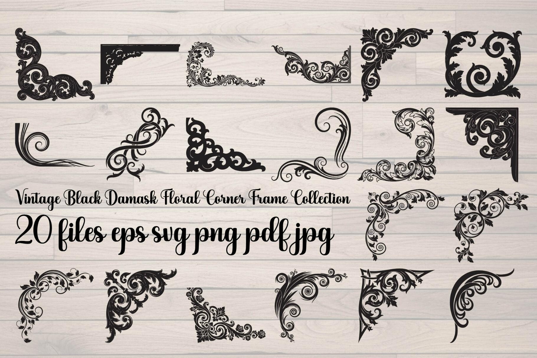 Vintage Black Damask Floral Corner Frame