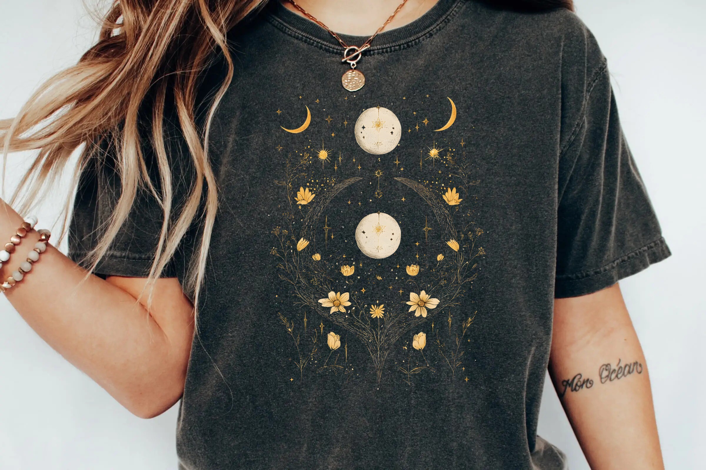 Vintage Celestial Moon and Wildflowers Aesthetic Mystical Boho Sublimation Png