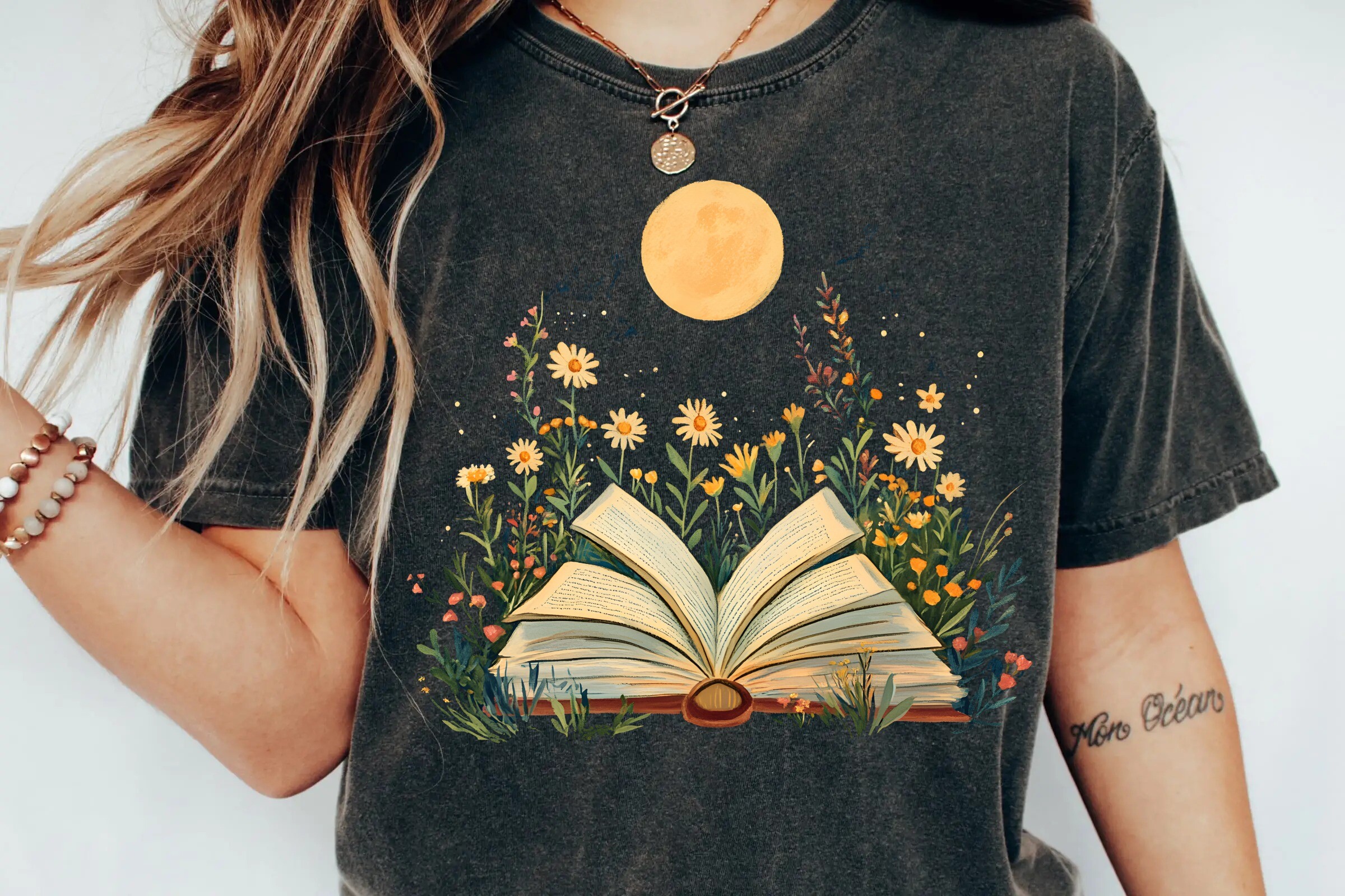 Vintage Cottagecore Bookish Aesthetic Wildflowers and Moon Mystical Book Lover Png