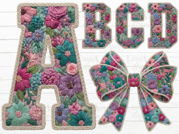 Faux Embroidery Floral Alphabet Bow PNG Illustration Illustrations Imprimables Par LauraArtDesign