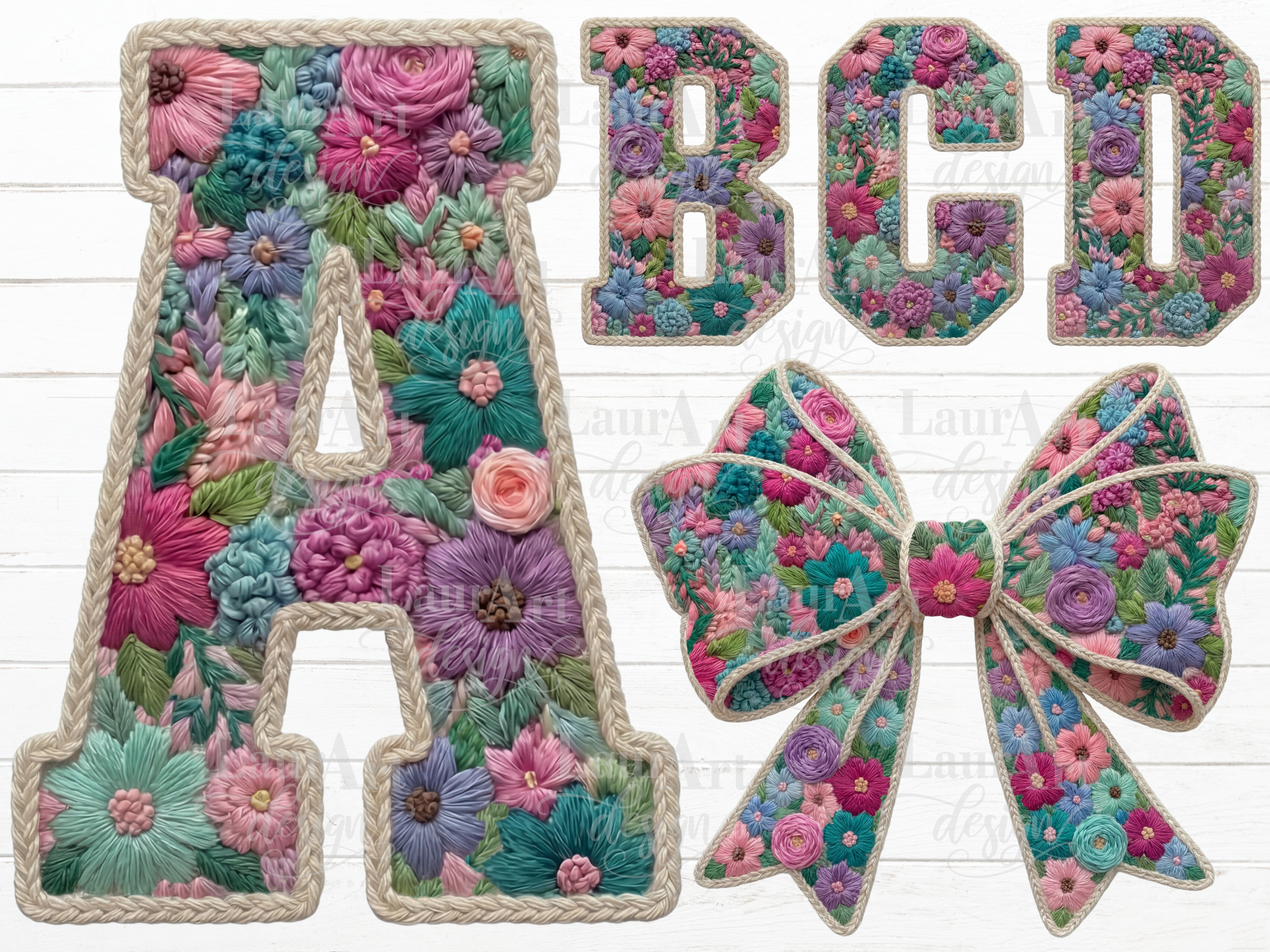 Faux Embroidery Floral Alphabet Bow PNG Graphic by LauraArtDesign ...