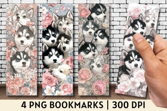 Husky dog floral illustration bookmark sublimation PNG for Cricut gift set and tote bag crafting