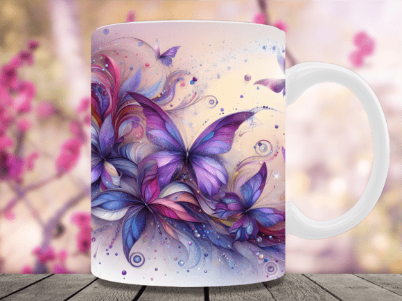 Purple Butterfly Floral Art Mug Wrap Graphics