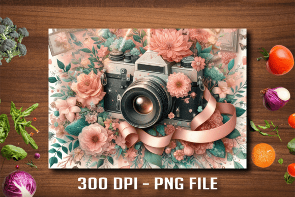 Vintage Camera Floral Cutting Board Png