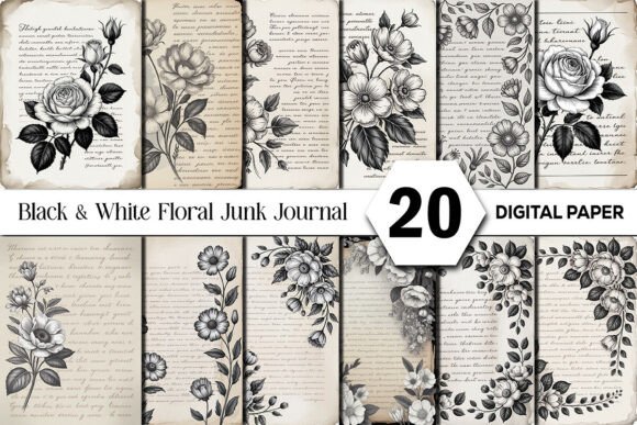 Black & White Shabby Floral Junk Journal Graphic by Design Studio 45 ...