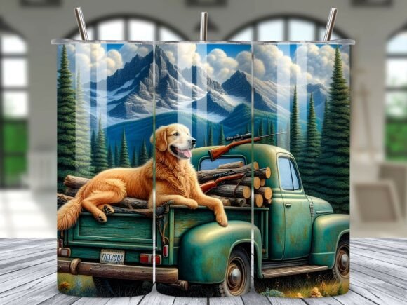 Hunting dog riding in vintage pickup truck tumbler wrap design