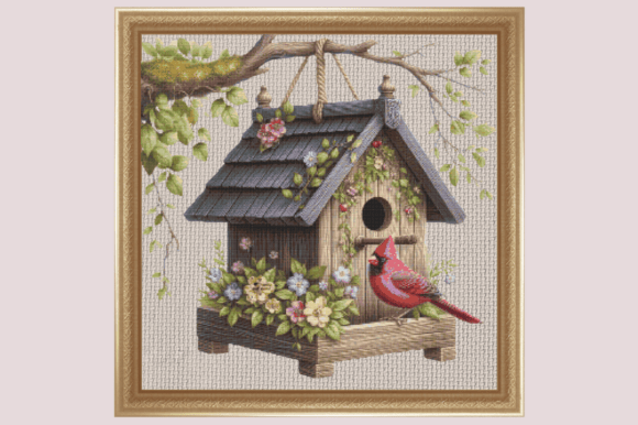 Spring Cardinal Birdhouse Floral Cross S