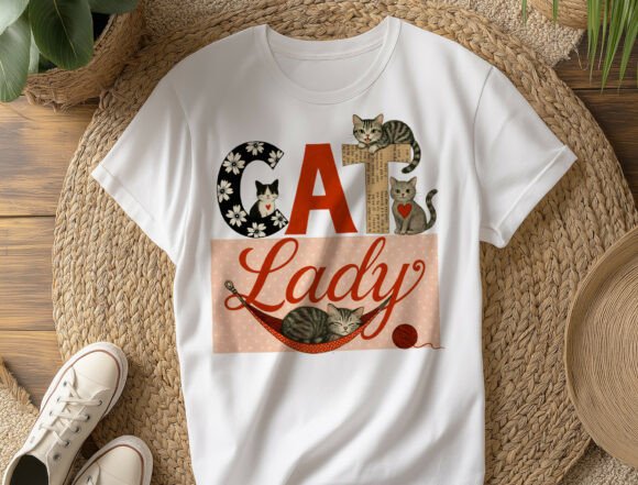 Vintage Cat Lady whimsical cat mom PNG design for tees, totes and mugs