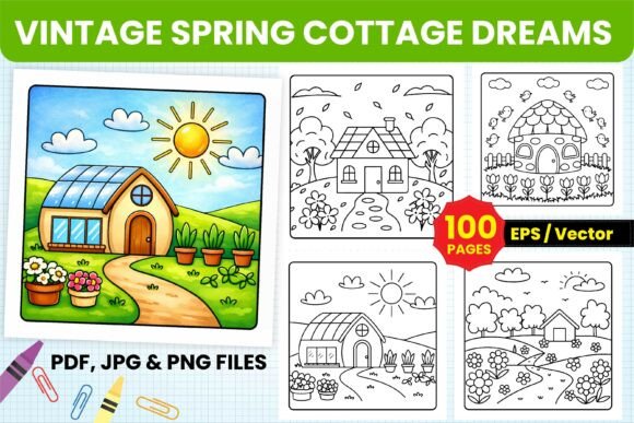 Vintage Spring Cottage Coloring Pages