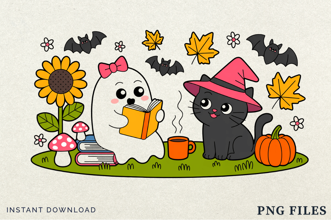 Halloween Fall Ghost Reading Book Png Graphic by CraftLab Digital ...