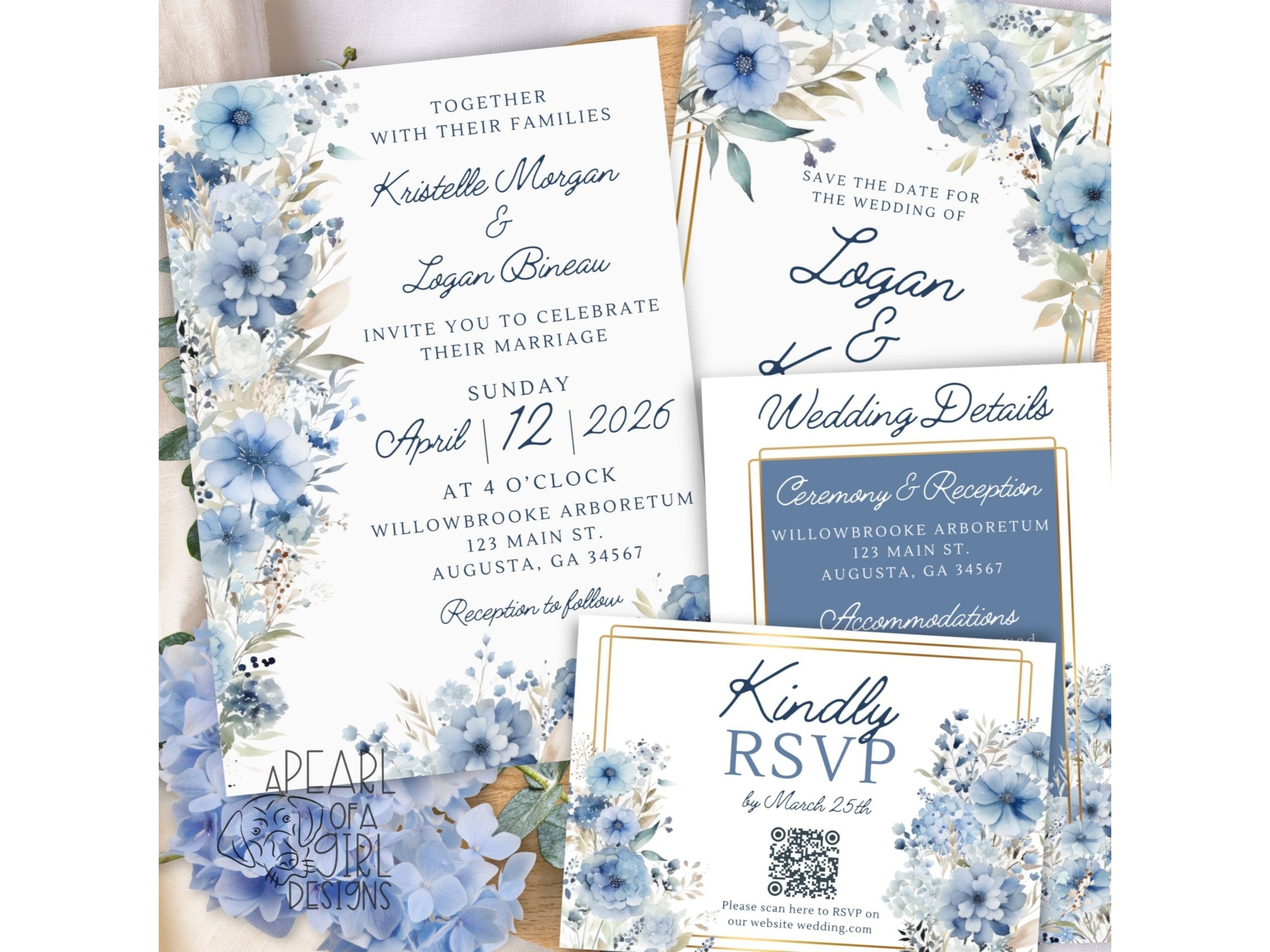 Elegant Blue Floral Wedding Invitation