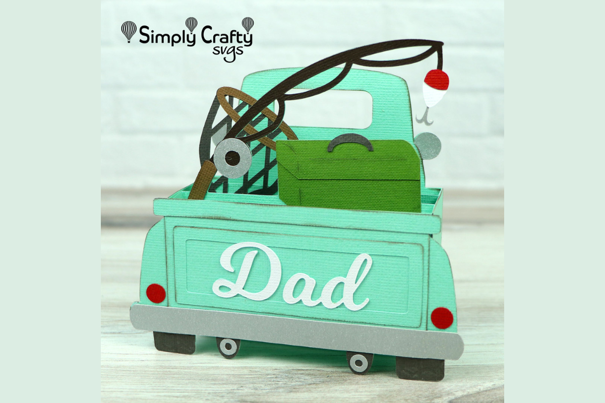 Going Fishing Truck Card SVG featuring a vintage truck loaded with fishing gear