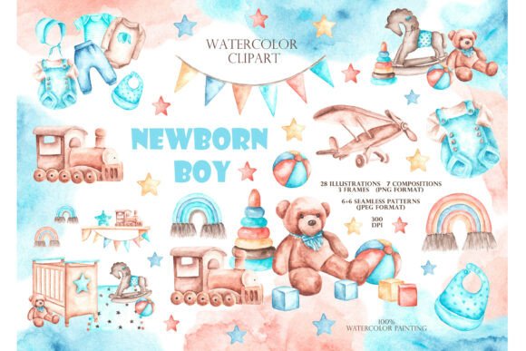 Baby Boy Watercolor Set. Birthday.