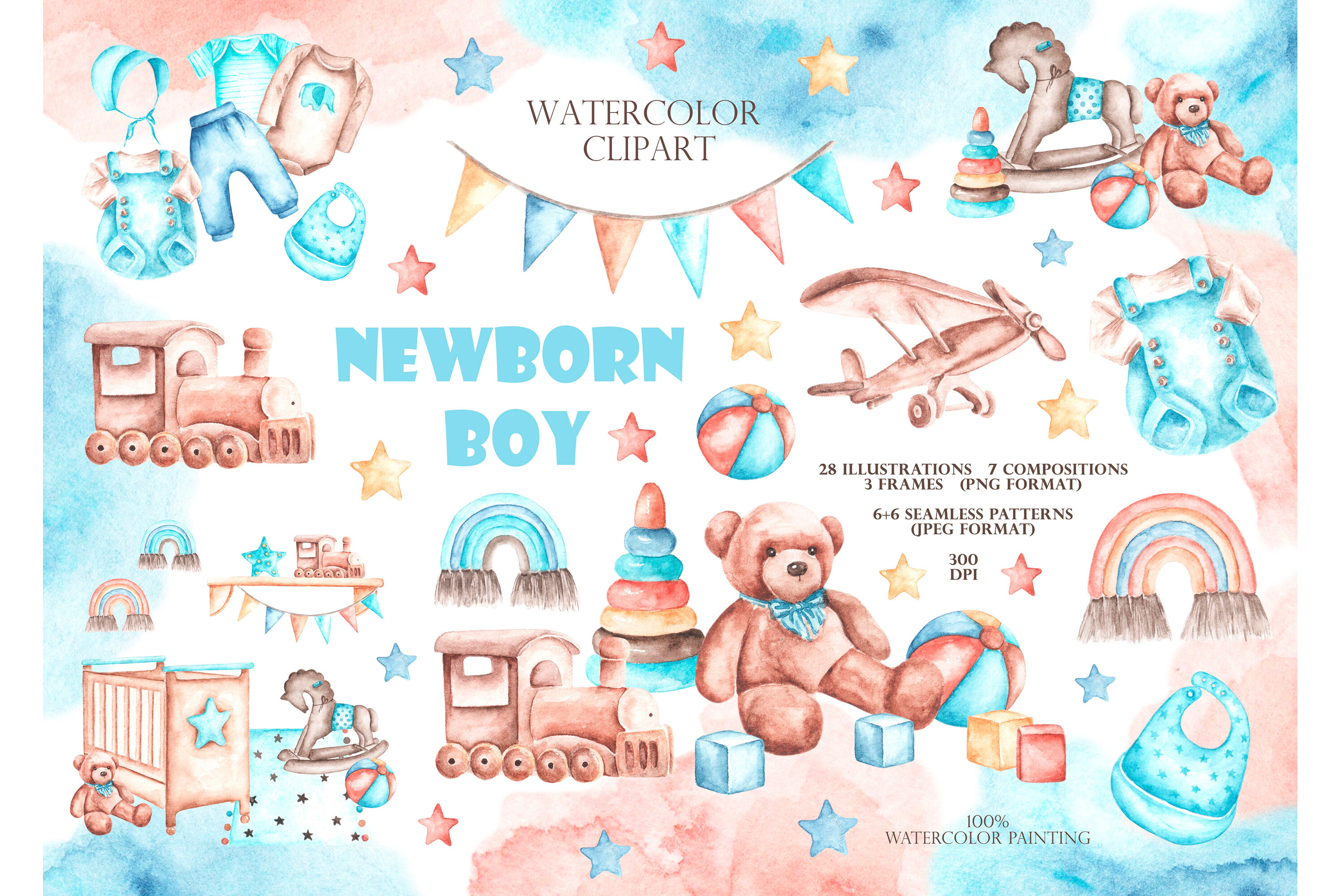 Baby Boy Watercolor Set. Birthday.