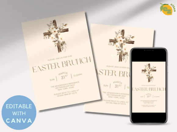 Floral Cross Easter Brunch Canva Invite