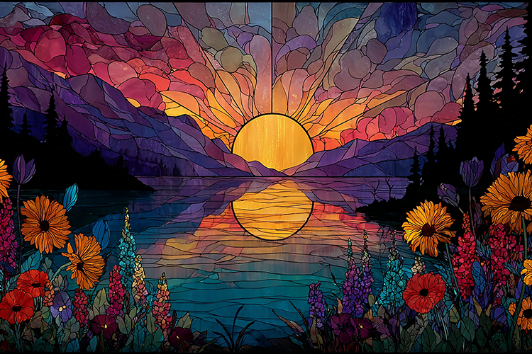 Sunset Lake Mountain Stained Glass Art