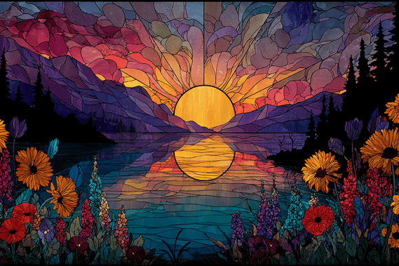 Sunset Lake Mountain Stained Glass Art Grafica Sfondi Di LifePlanStudeo