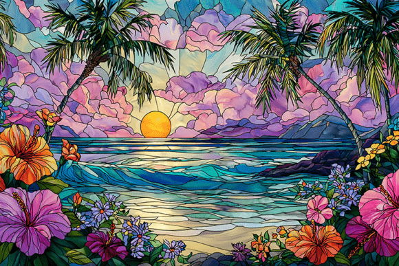 Preview of Tropical Stained Glass Sunset Art