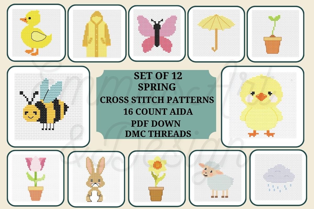 12 Spring Cross Stitch Patterns Bundle
