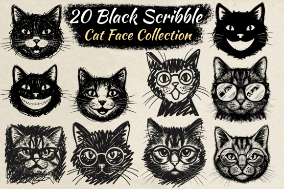 Black Scribble Cat Face Collection Svg