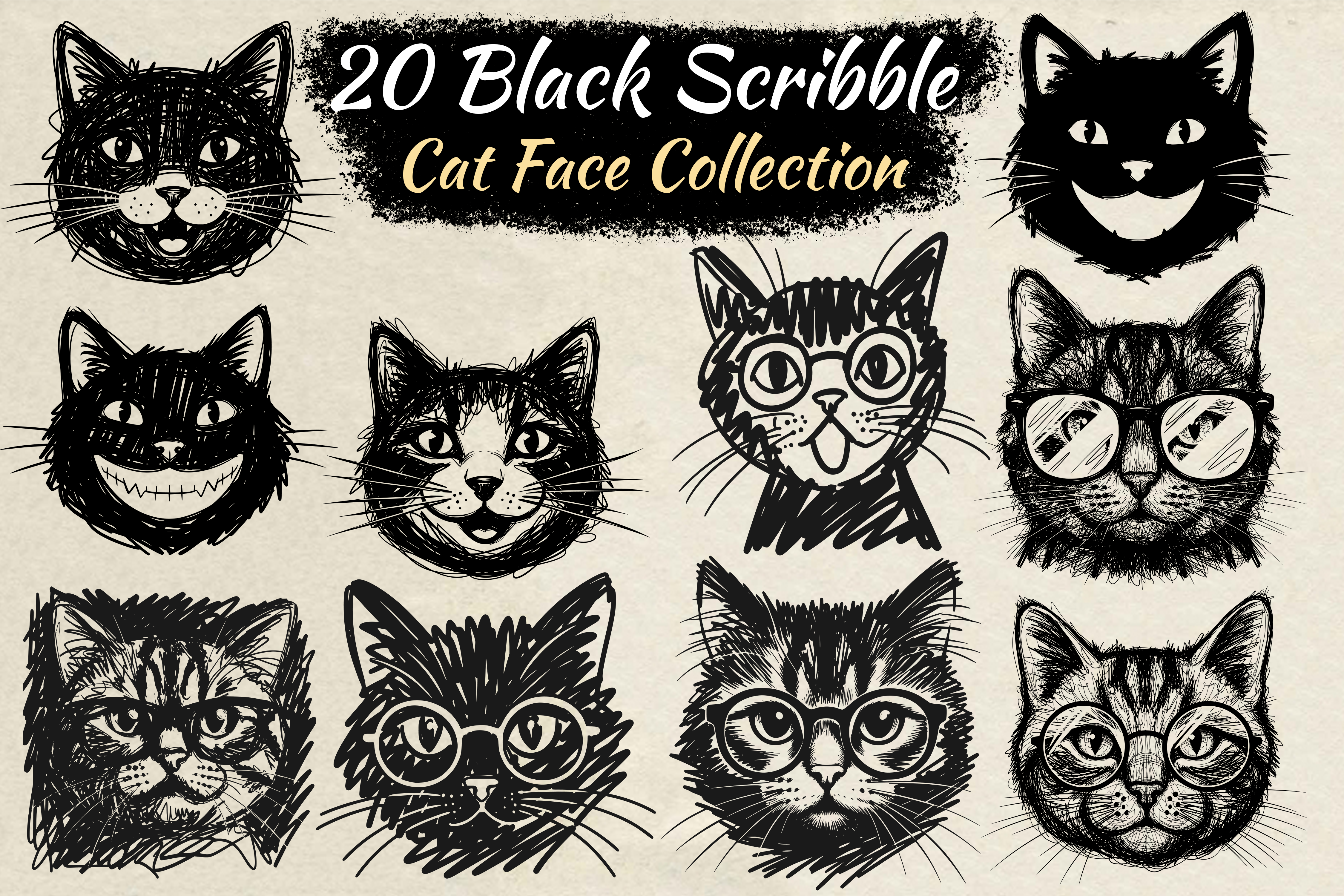 Black Scribble Cat Face Collection Svg