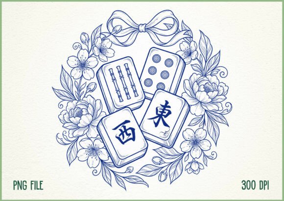 Blue Floral Mahjong Tiles Design