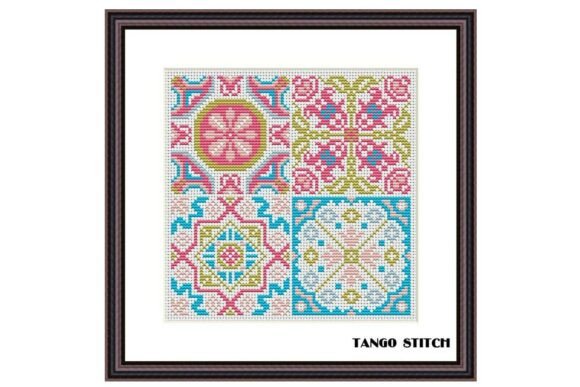 Blue Pink Cross Stitch Ornaments Sampler