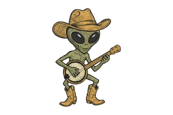 Funny Alien Cowboy Playing Banjo
