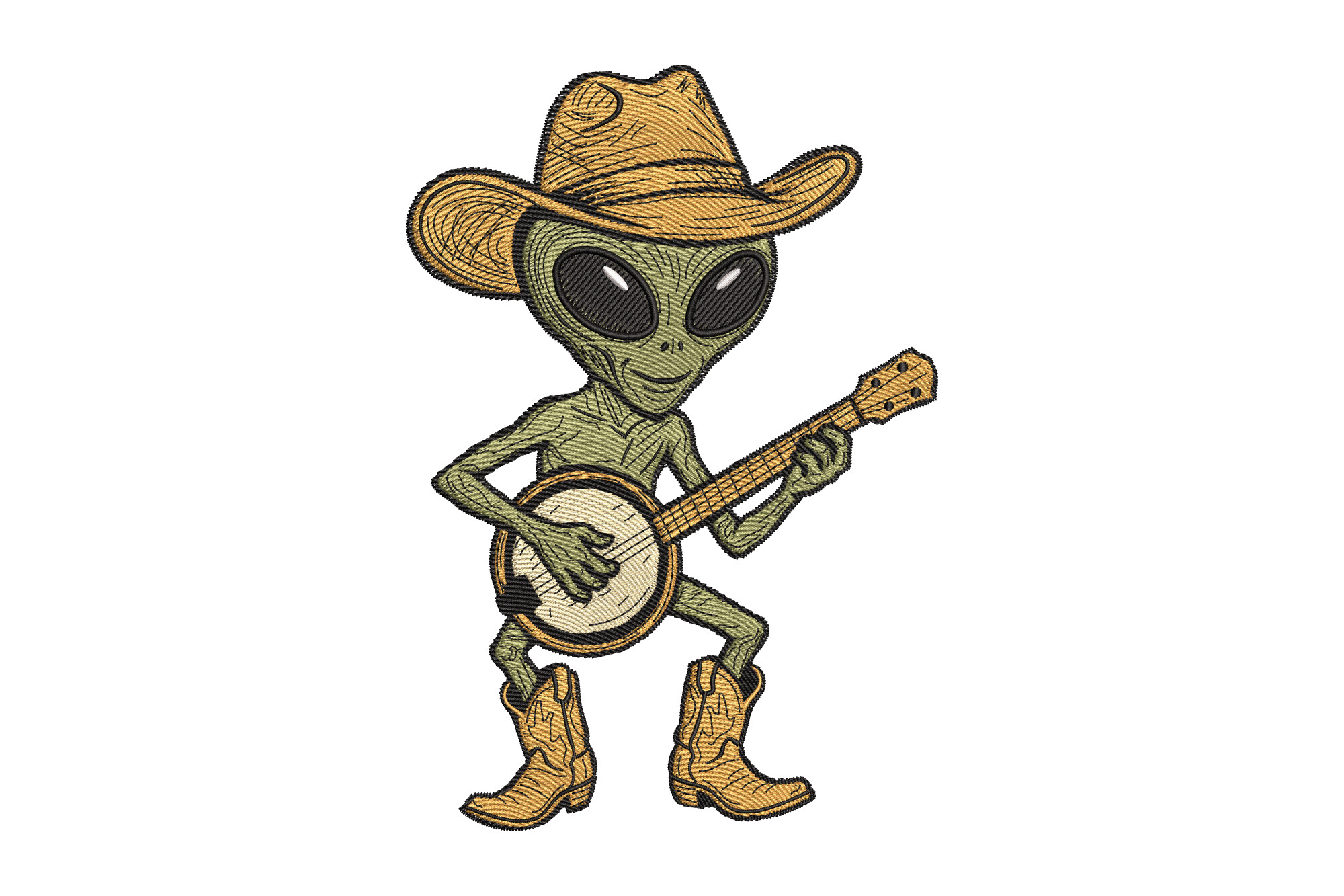 Funny Alien Cowboy Playing Banjo