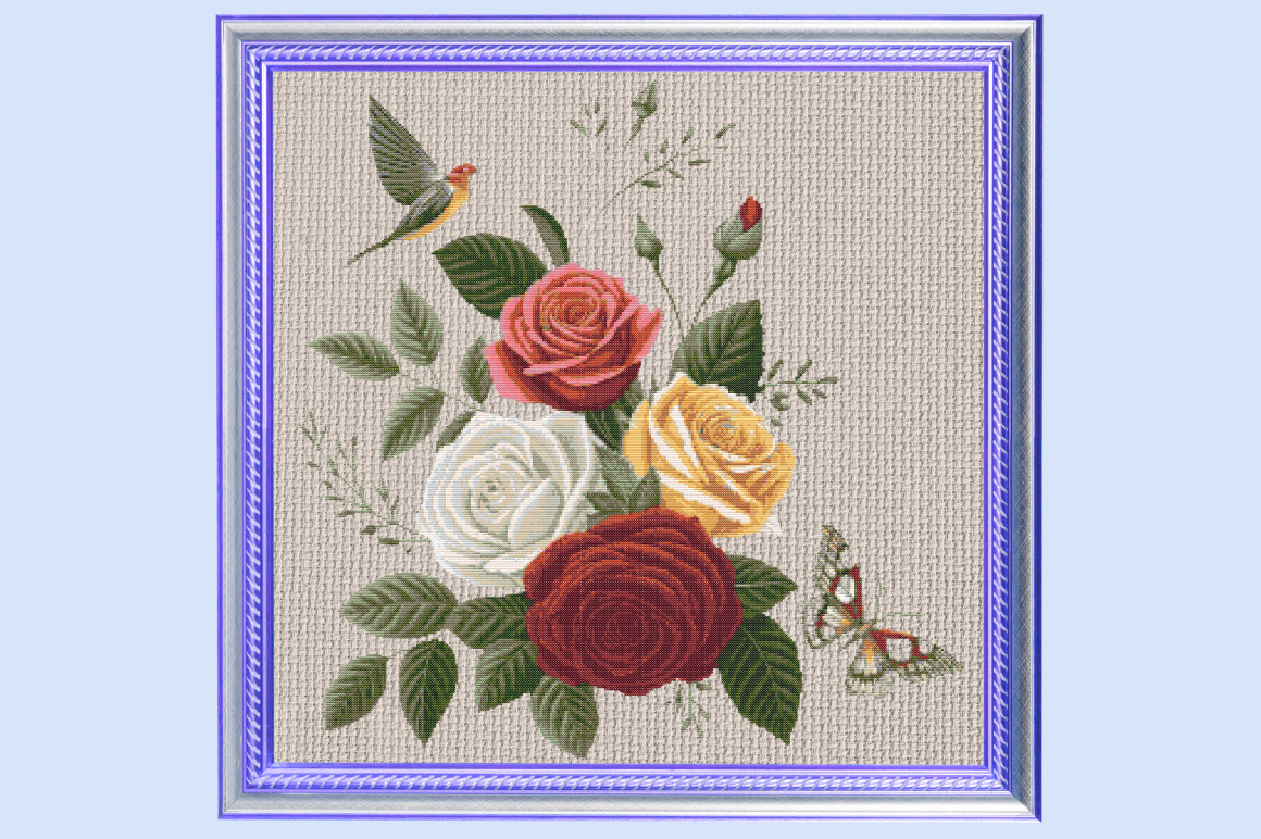 Romantic Floral Rose Bouquet Cross Stitc