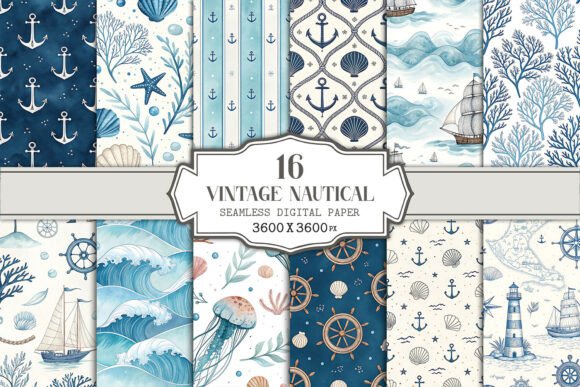 Vintage Nautical Seamless Pattern Bundle Grafik Papier-Muster Von Vectornest12