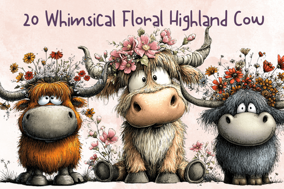 20 Whimsical Floral Highland Cow Clipart Graphic AI Generated By giraffecreativestudio