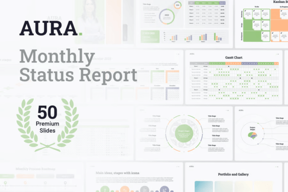Preview of AURA Monthly Status Report PowerPoint business report presentation template