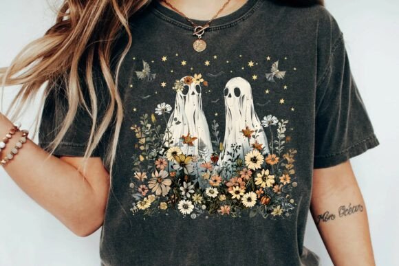 Vintage Cottagecore Ghost in Wildflower Garden Halloween Png