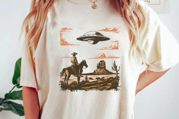 Vintage Cowboy UFO Desert Alien Western Retro Science Fiction Sublimation Design Png