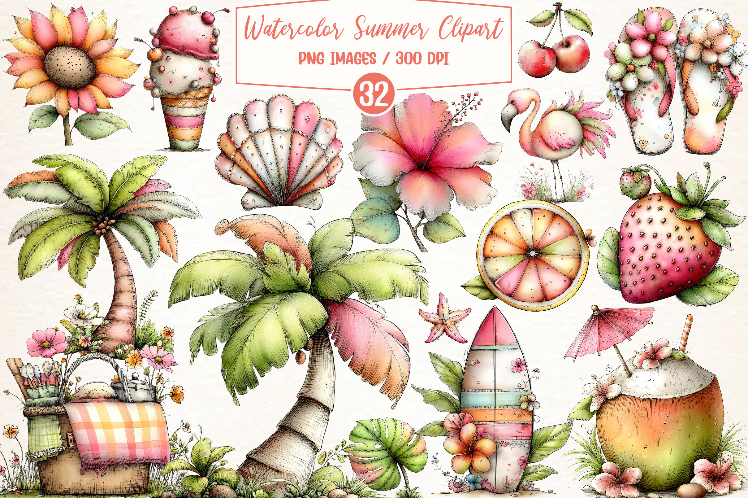 Watercolor Summer Clipart Set Graphic by Breezy.Lane · Creative Fabrica