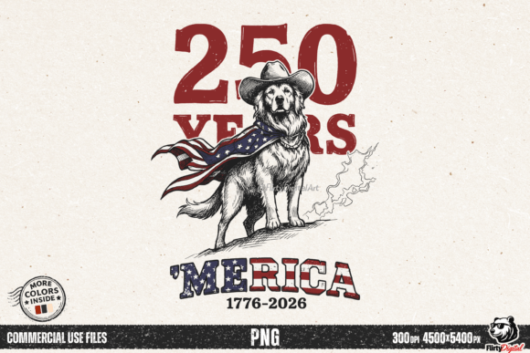 250 years Merica golden retriever flag PNG for July patriotic tumblers and tees